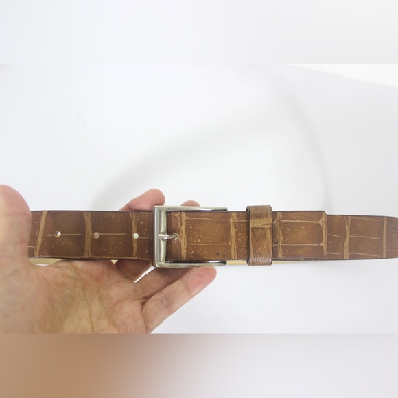 ARALDI Italian Leather Belt, Embossed Croc Natural Tan Leather Silver Buckle - Picture 5 of 8